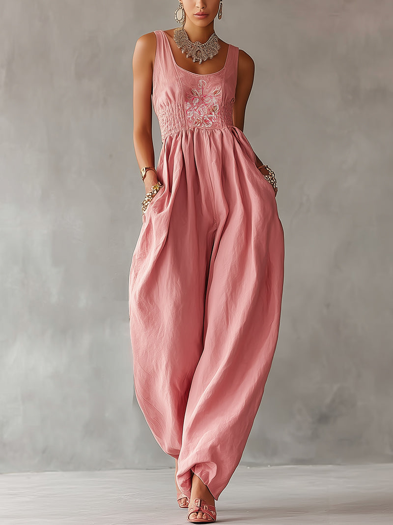 Pink Embroidered Sleeveless Wide-Leg Linen Jumpsuit