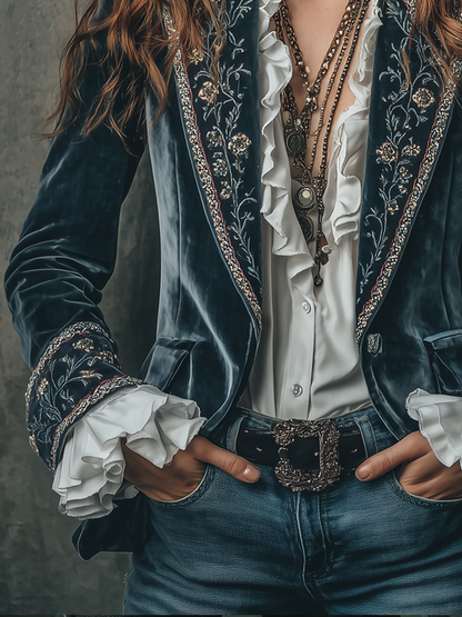 Vintage Flower Embroidered Cuffs Polyester Velvet Blazer