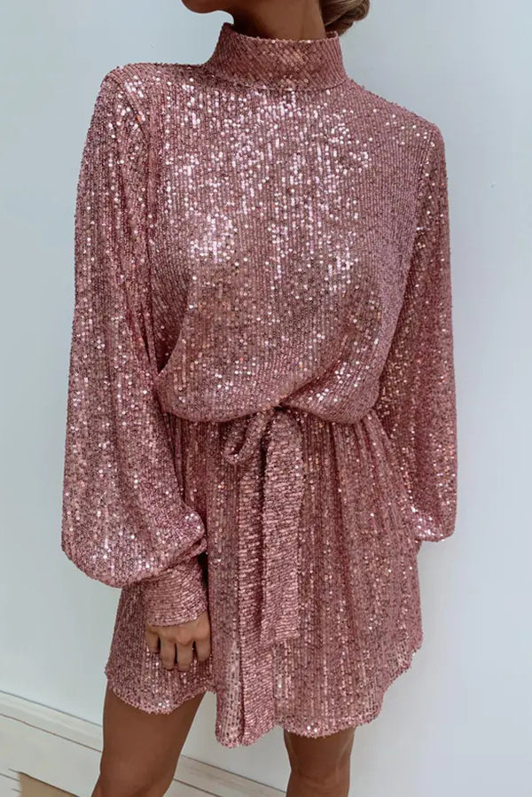 Fashionable Sequined Long-sleeved Belted Casual Mini Dress