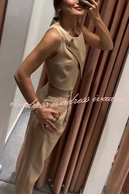 Balvin Linen Blend Cross Button Neck Crop Vest and High Rise Pocketed Pants Set