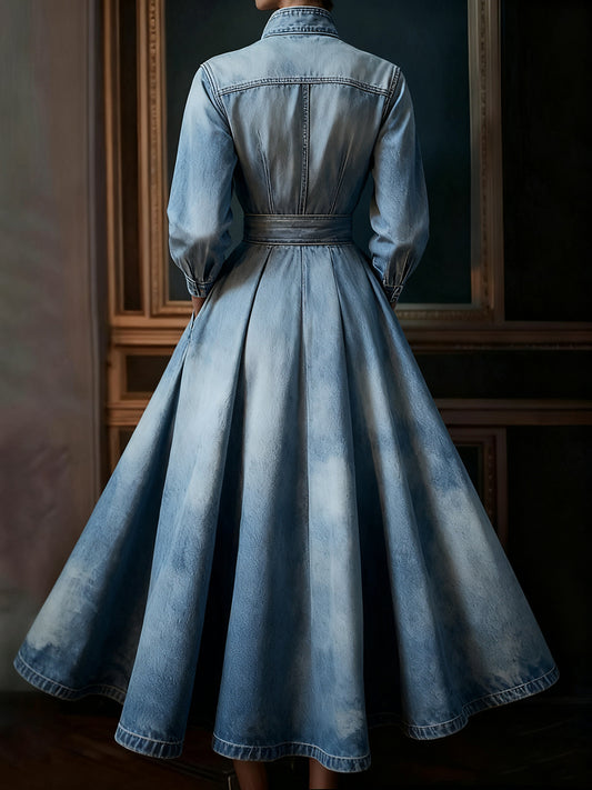 sheenchic Light Blue Denim Stand Collar Long Sleeve Pocket Pleated Belt Maxi Dress
