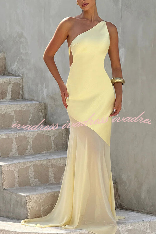 Fable Satin One Shoulder Back Adjustable Straps Contrast Chiffon Hem Maxi Dress