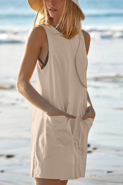 Solid Color Casual Round Neck Sleeveless Pocket Loose Rompers
