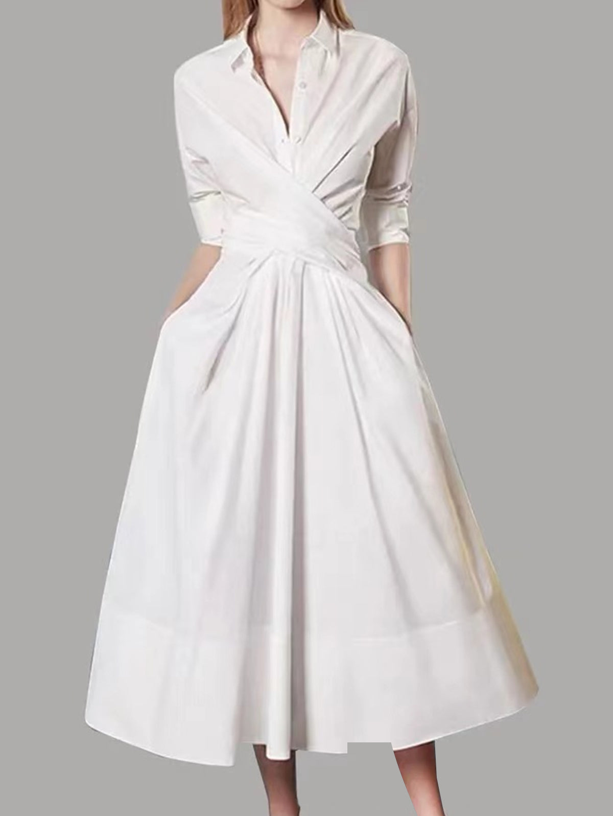 Elegant Wraped Pleated Button Long Sleeve Lapel A-Line Midi Dress