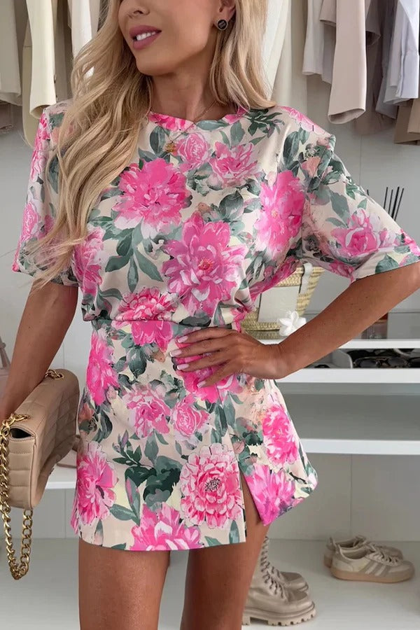 Beautiful Casual Floral Print Crew Neck Short Sleeve T-shirt and Mid Rise Split Skort Set