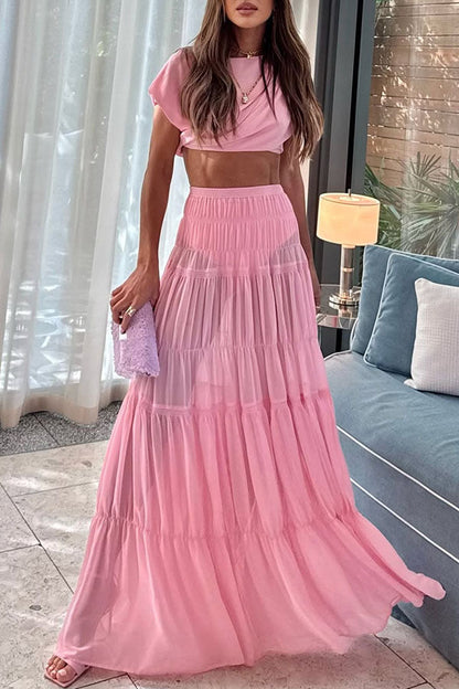 Stunning Chiffon Elastic Waist Layered A-line Maxi Skirt