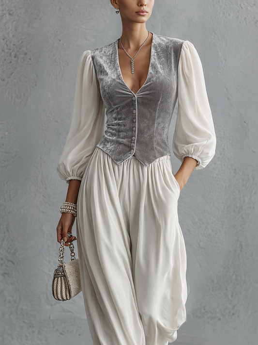 Velvet And Chiffon Two-Piece Set With Sculpted Vest And Fluid Trousers