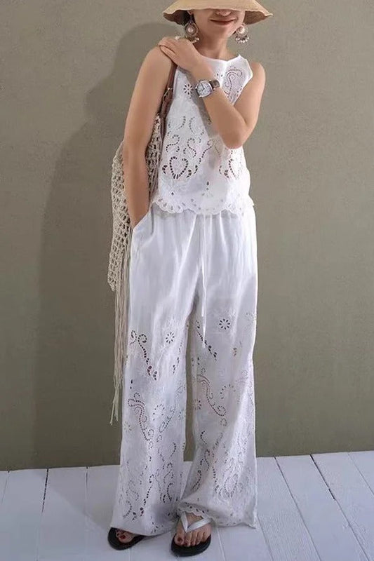 Linen Blend Solid Color Hollow Loose Vest and Elastic Waist Casual Pocket Wide Leg Pants Set