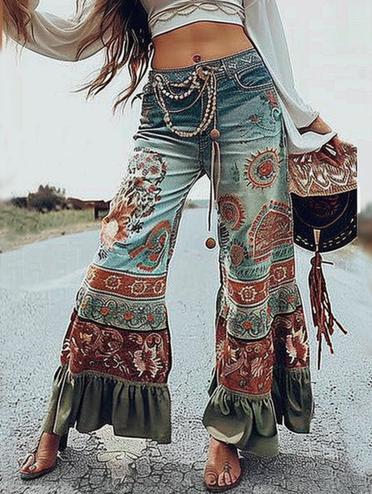 sheenchic Boho Print Ruffle Hem Flare Pants
