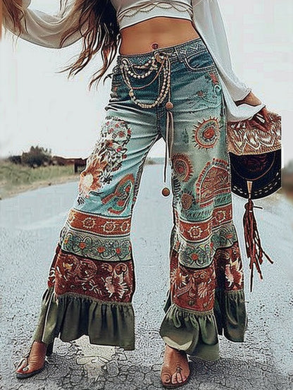 sheenchic Boho Print Ruffle Hem Flare Pants