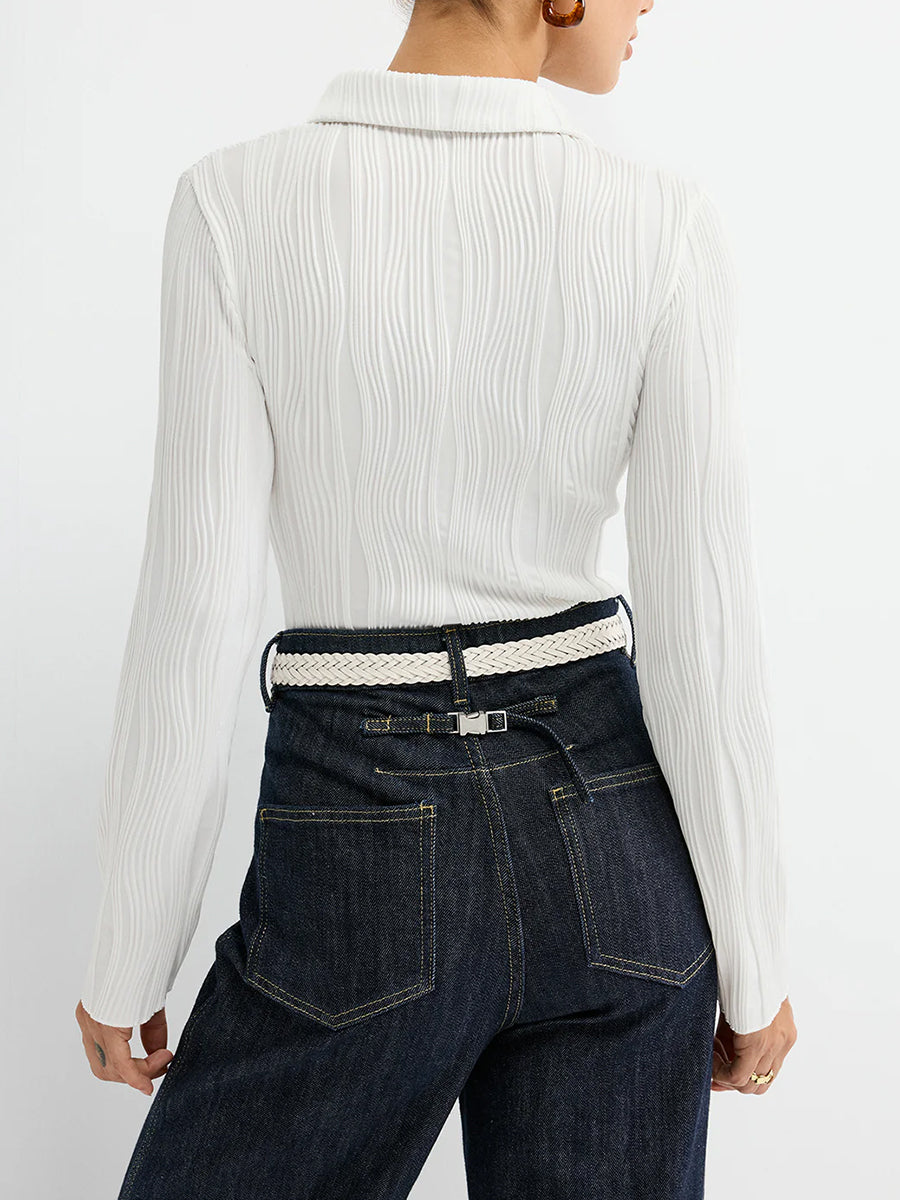 Fashion White Textured Shirt Collar Button Long Sleeve Blouse