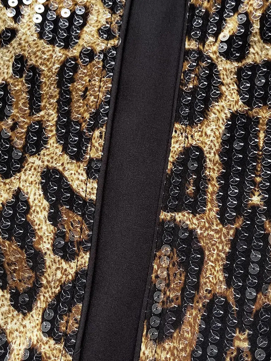 Fashion Leopard Print Sequin Long Sleeve Cropped Open Front Jacket