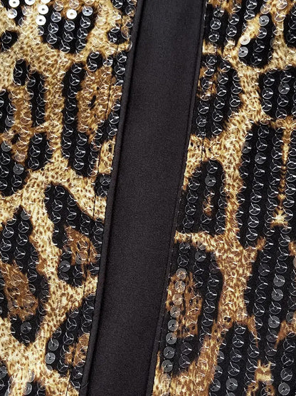 Fashion Leopard Print Sequin Long Sleeve Cropped Open Front Jacket