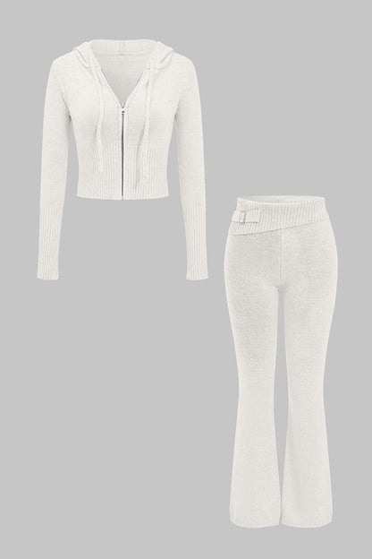 Solid Knit Hooded Top And Asymmetrical Pants Set