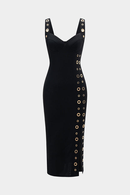 Metallic Eyelet Zipper Sleeveless Midi Dress
