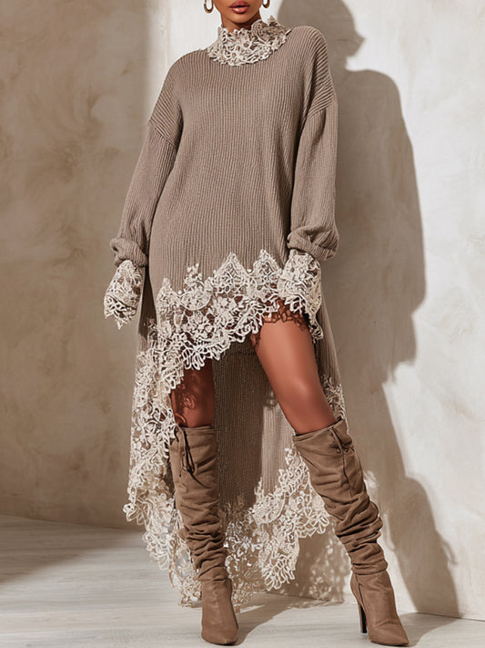 sheenchic Daily Khaki Round Neck Long Sleeve High Low Hem Casual Mini Dresses