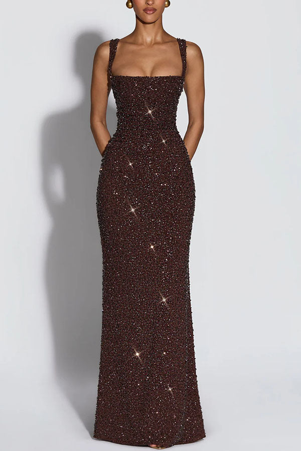 Vestido largo Calanthe de gasa con lentejuelas, fruncido, escote cuadrado y espalda con cordones 