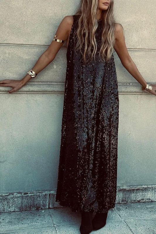 Twas The Night Sequin Round Neck Sleeveless Drape Loose Maxi Dress