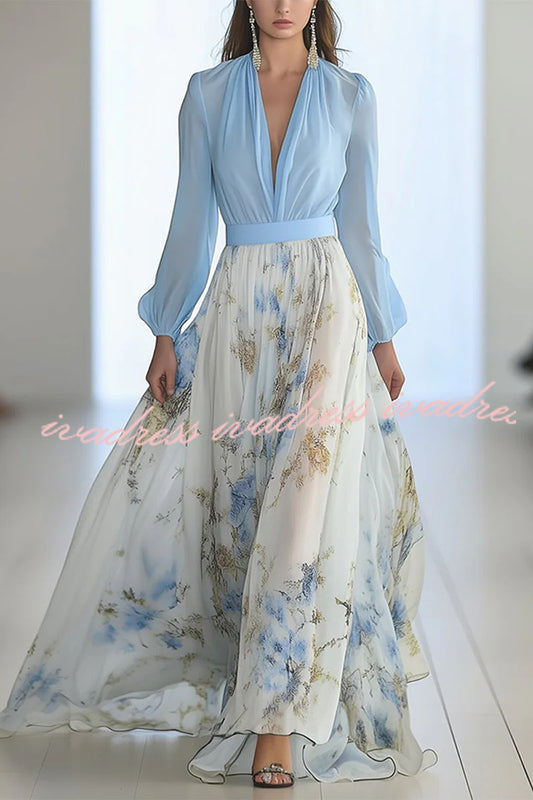 Vestido largo elegante con cuello en V, manga larga y costuras 