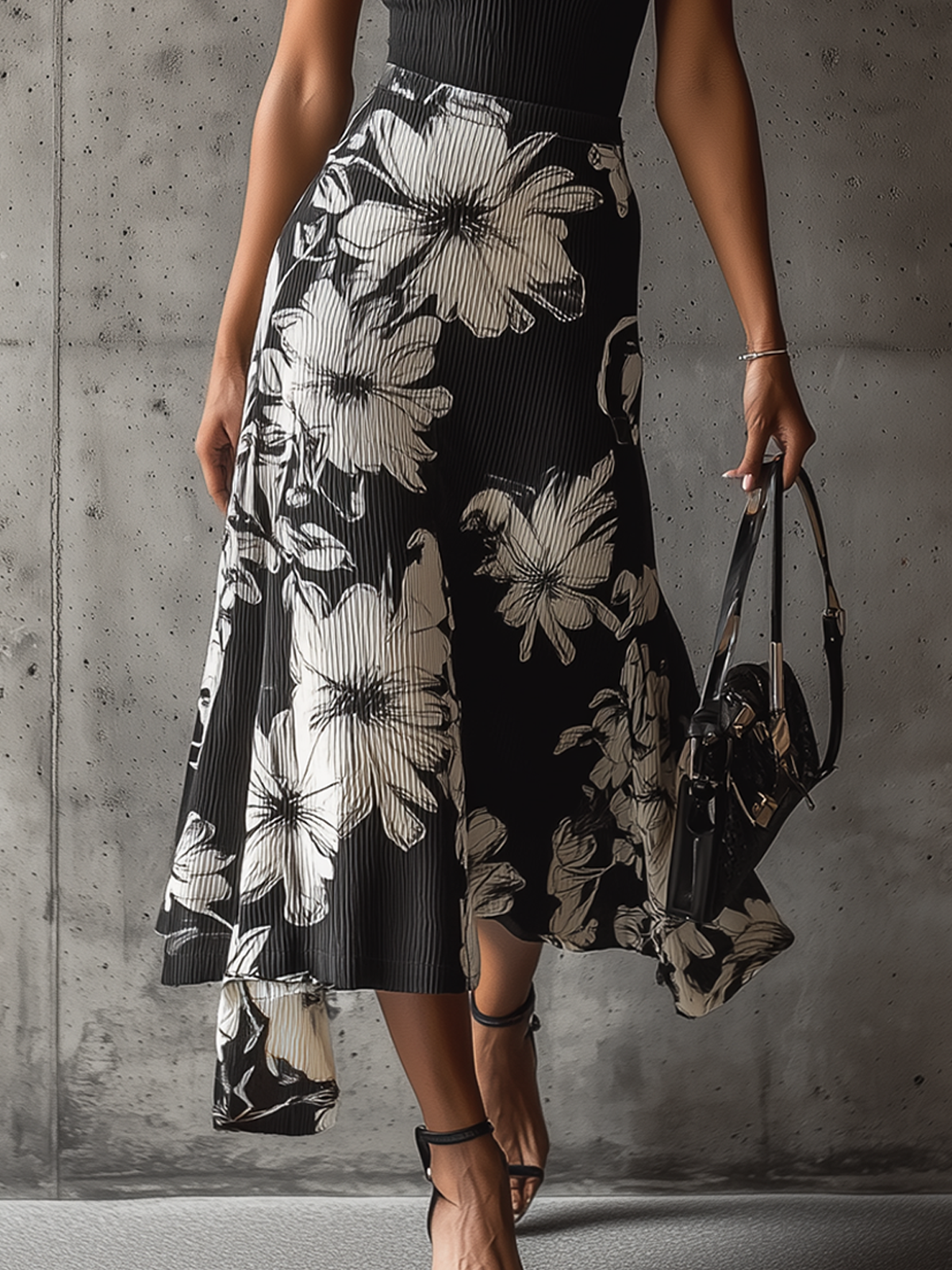 Halter-Neck Pleated Midi Dress With Floral Print And Asymmetric Hem