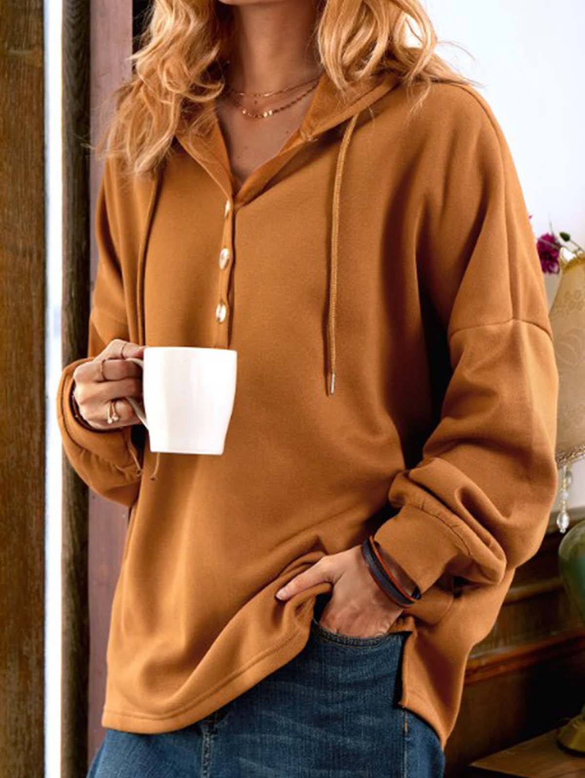 Solid Color Drawstring Half Button Hoodie