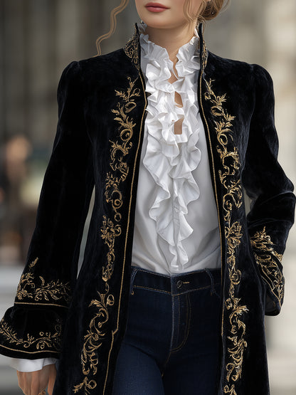 sheenchic Vintage Black Velvet Floral Embroidery Flare Sleeve Long Coat