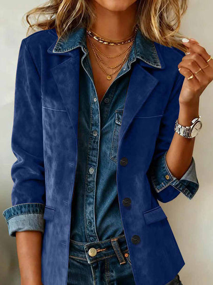 Daily Brown Turndown Collar Long Sleeve Pocket Vintage Button Chamois Blazer