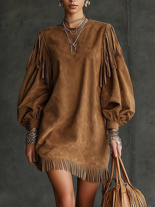 Daily Brown Round Neck Puff Sleeve Long Sleeve Strappy Western Contrast Chamois Mini Dresses