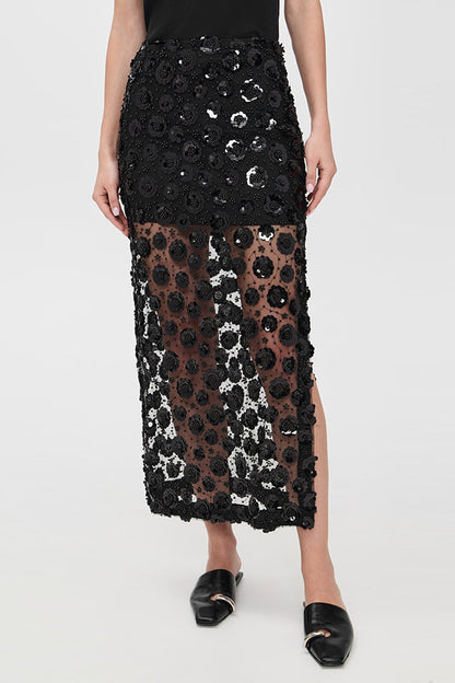 Gorgeous Flower Embellished Sequin Sheer High Rise Slit Midi Skirt