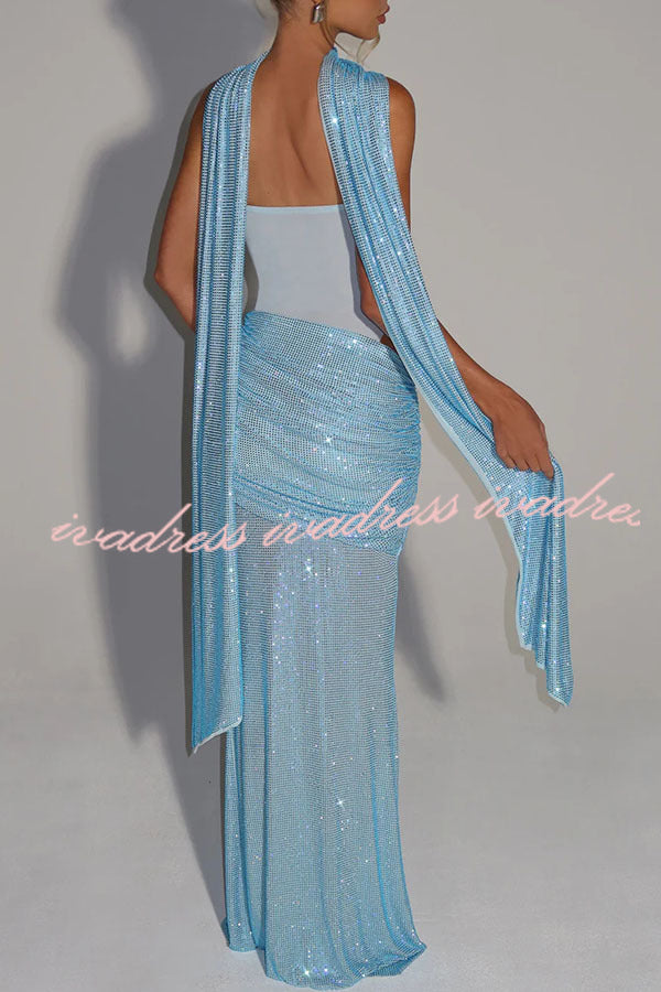 Kailani Sequin Strapless Mesh Cutout Waist Ruched Scarf Maxi Dress