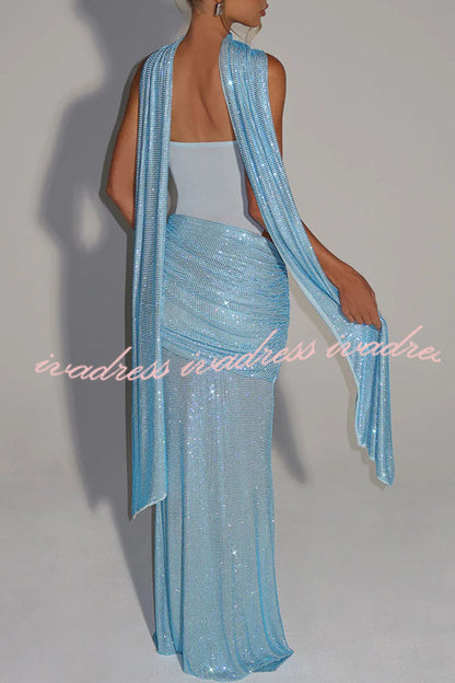 Kailani Sequin Strapless Mesh Cutout Waist Ruched Scarf Maxi Dress
