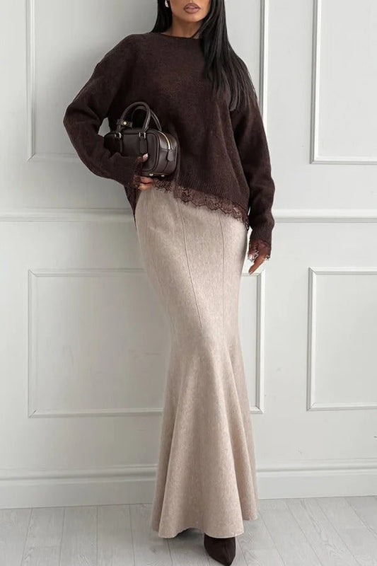 Falda larga informal de cola de pez con cintura alta y tejido elástico de punto Caitlin 