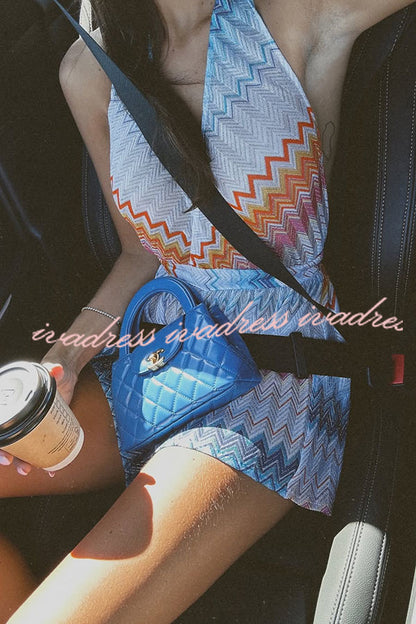 Eleanor Knit Colorful Zigzag Pattern Halter V-neck Tie-up Loose Romper