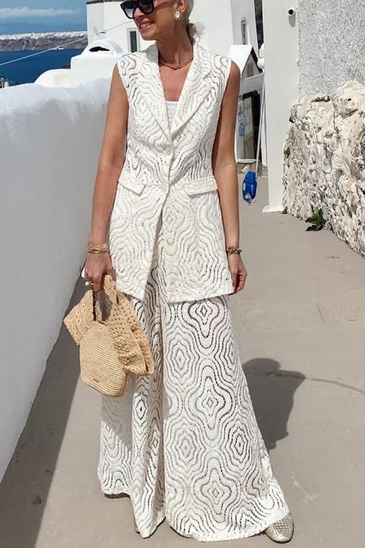 Chaleco de traje con solapa y botones de encaje único Santorini Dream