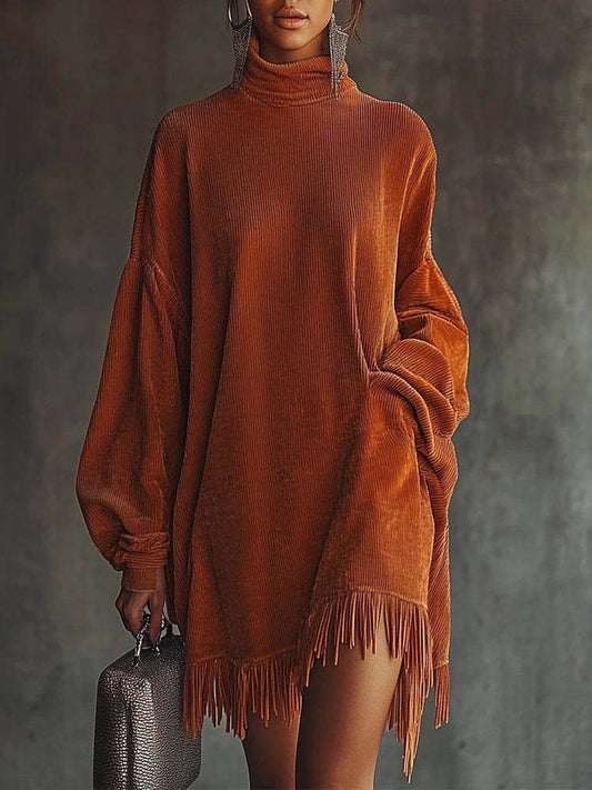 Daily Orange High Collar Lantern Sleeve Long Sleeve Strappy Vintage Contrast Corduroy Mini Dresses