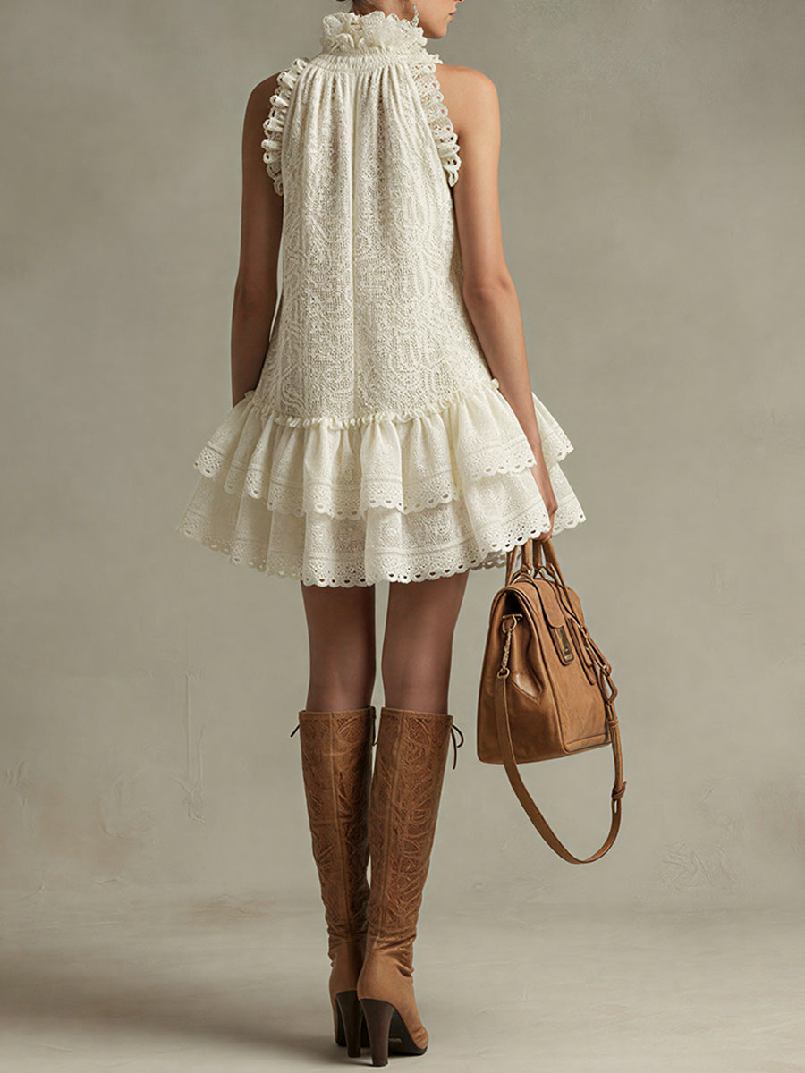 sheenchic Vacation Beige Halter Collar Ruffle Boho Ruffled Lace Mini Dresses [Pre-Order]