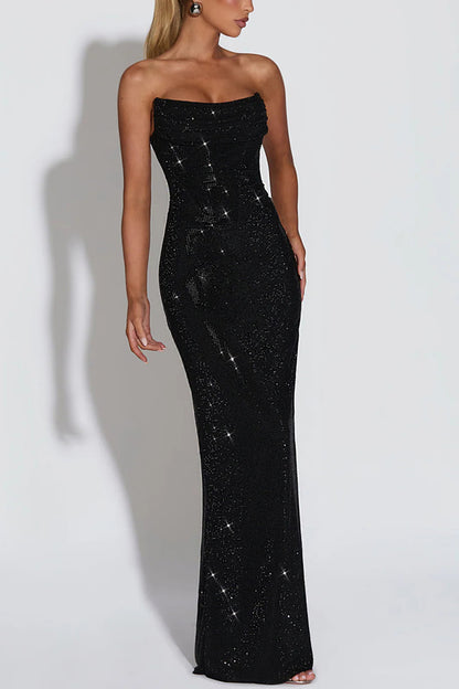 Mirabella Sequin Pleated Cowl Scooped Neckline Back Lace-up Strapless Maxi Dress