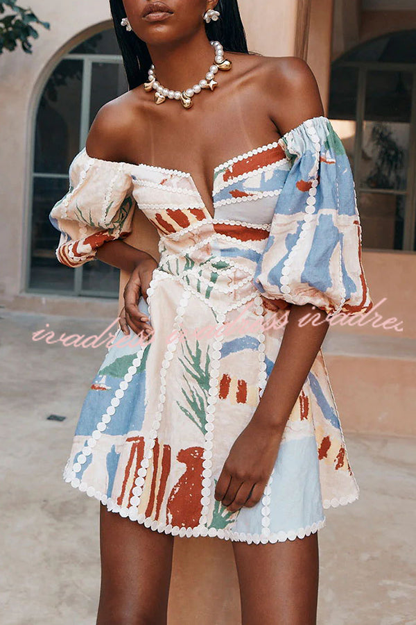 Vestido mini de manga abullonada con estampado único y ribetes de lino Como 