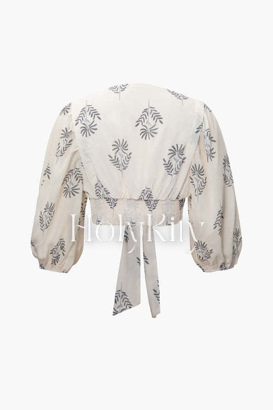 Printed V-neck Knot Front Blouse And Slit Hem Pants