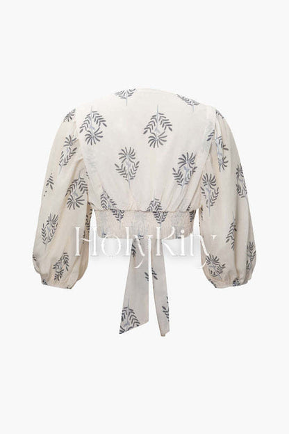 Printed V-neck Knot Front Blouse And Slit Hem Pants