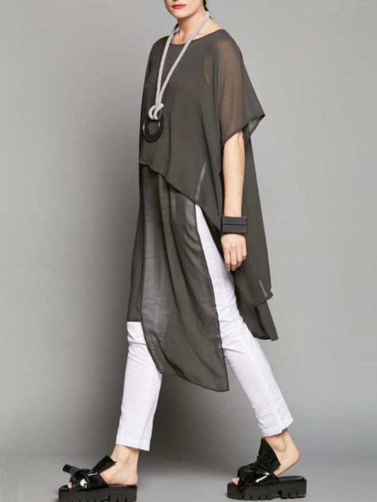 Daily Plain Crew Neck Short Sleeve Layered Slit Long Shirt