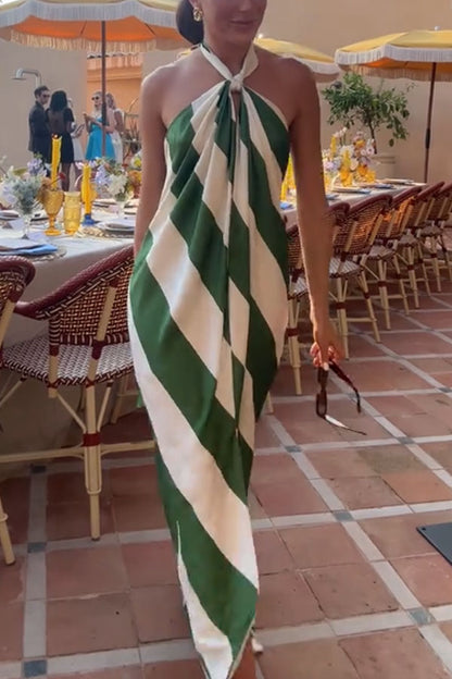 Most Dreamy Stripe Print Halter Tie-up Backless Pocket Loose Maxi Dress