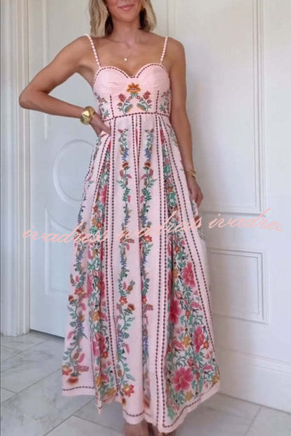 Linen Blend Delicate Forest Unique Print Sweetheart Neck Beaded Straps Maxi Dress