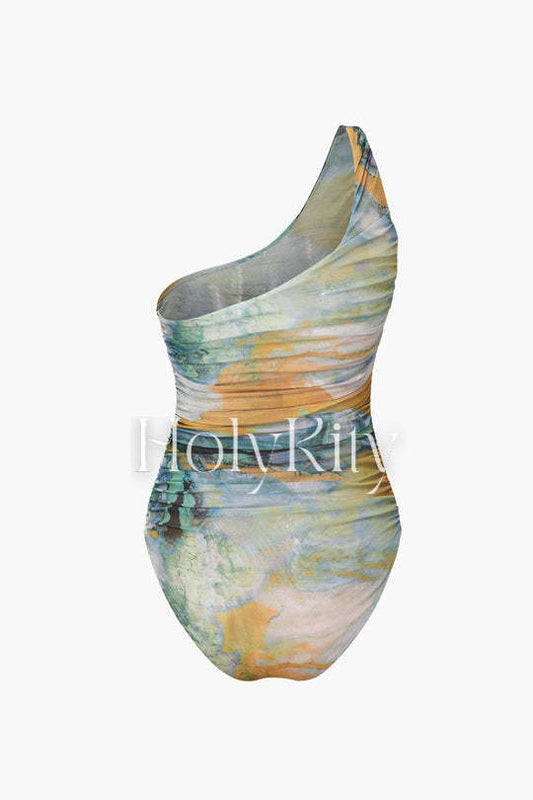 Oil Painting One Shoulder Mesh One-piece Swuimsuit