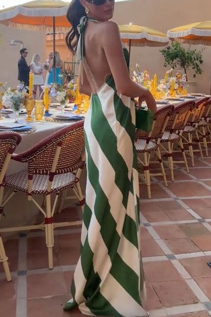 Most Dreamy Stripe Print Halter Tie-up Backless Pocket Loose Maxi Dress