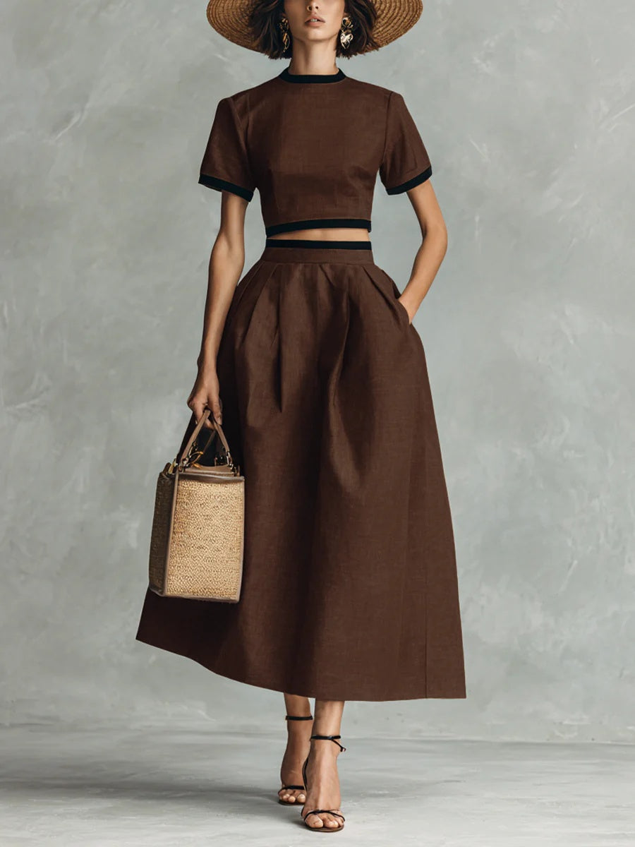 sheenchic Business Casual Brown Round Neck Short Sleeve Pocket Elegant Wrap Two Piece Skirt Sets [Pre-Order]