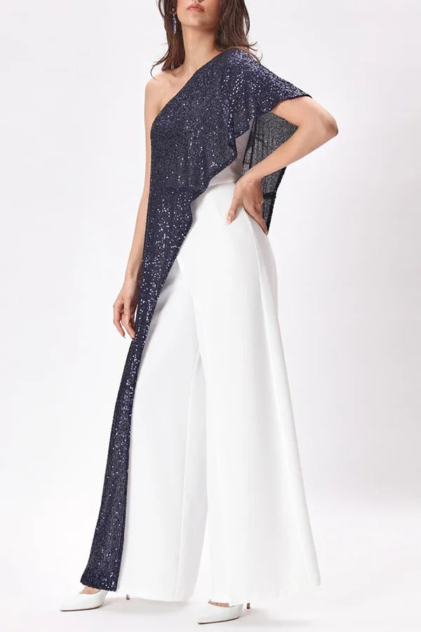 Party Favors Sequin One Shoulder Ruffle Detail Wide Leg Evening Jumpsuit