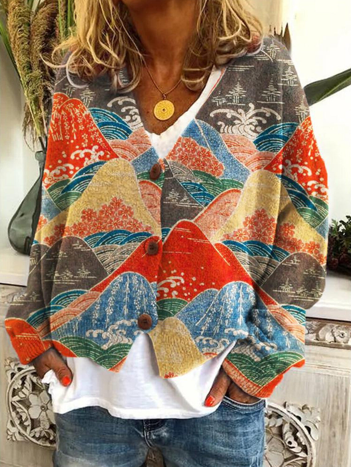 Casual Floral Pattern Three Button Knit Sweater Cardigan