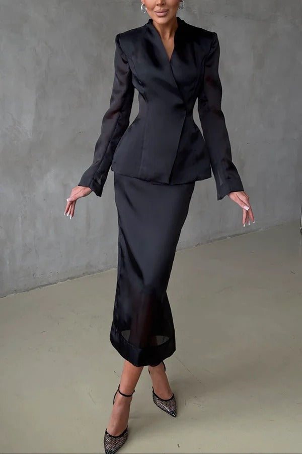 Blazer de organza con escote en V y manga larga con corte de reloj de arena de forma perfecta 