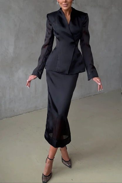 Blazer de organza con escote en V y manga larga con corte de reloj de arena de forma perfecta 